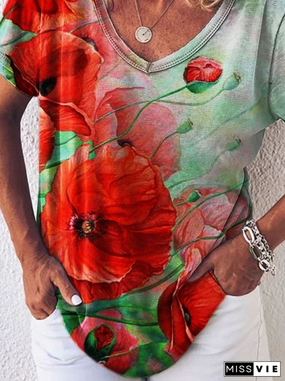 Women's Memorial Day Poppy Flower V-neck T-shirt