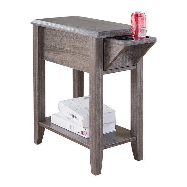 24 Inch Wood Chairside End Table， 1 Drawer， 2 Cupholders， Distressed Gray