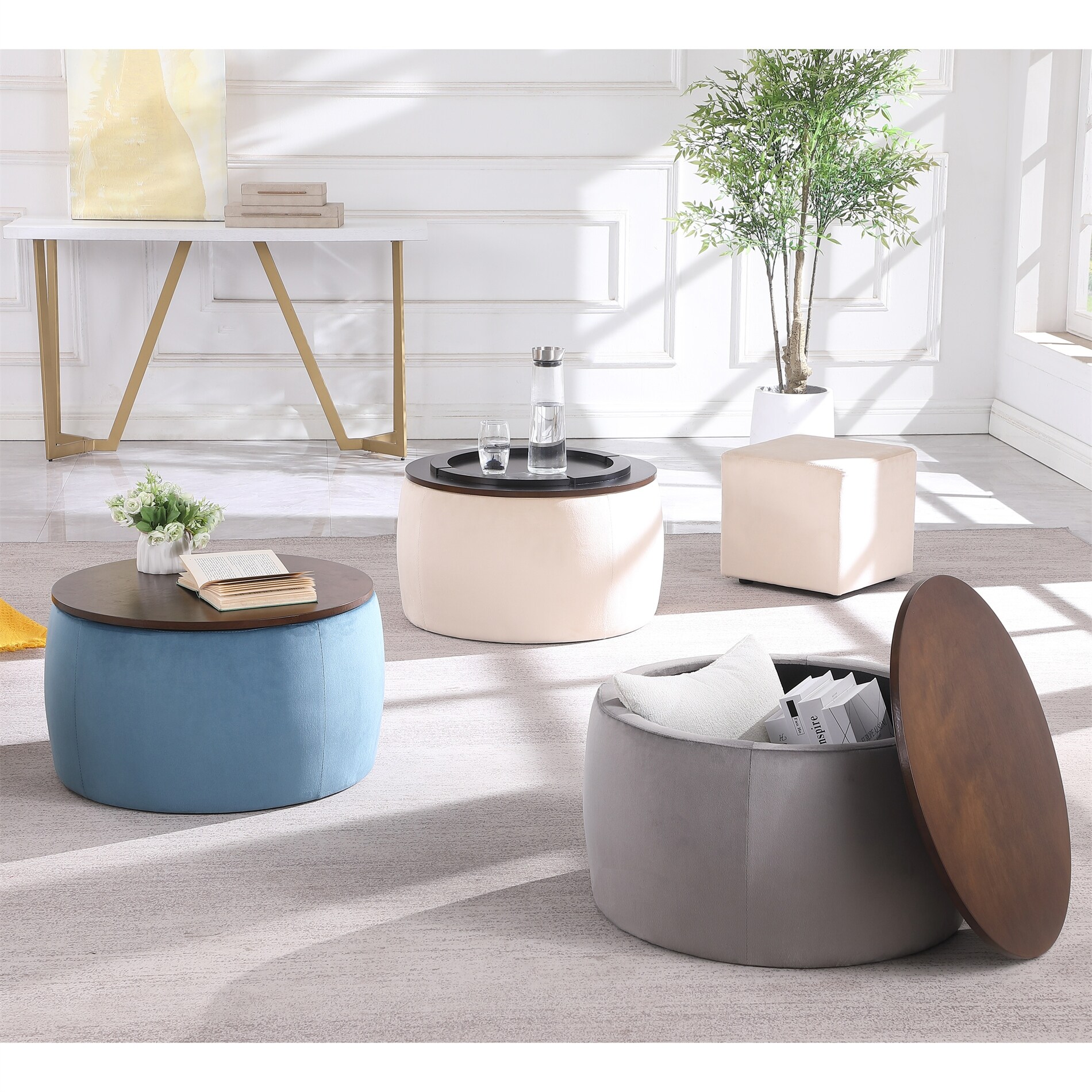 2 in 1 Combination Round Ottoman Set ，Coffee Table with Storage