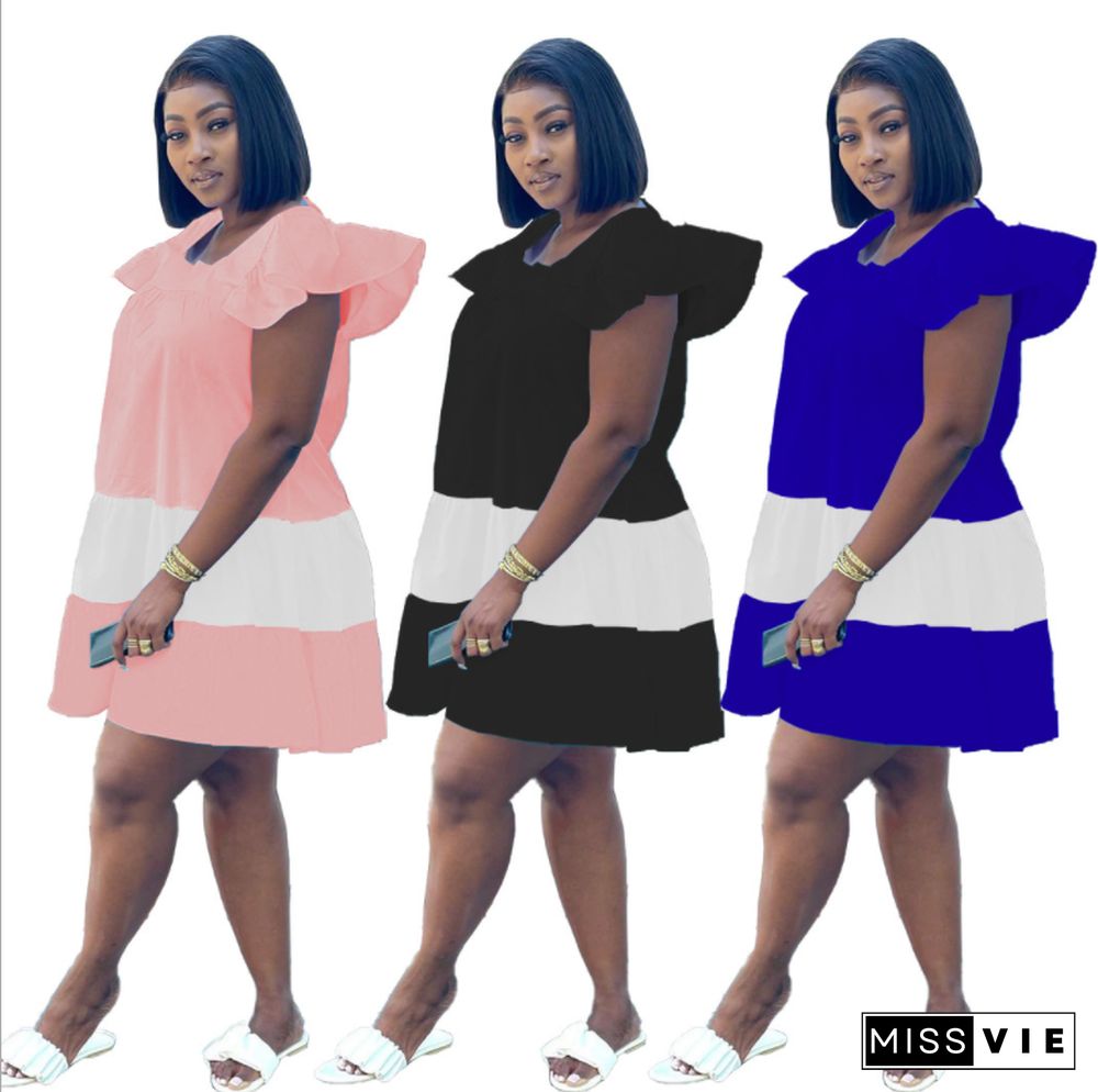 Women Summer Patchwork O-Neck Cascading Ruffles Loose A-Line Short Sleeve Classic Streetwear Midi Dress