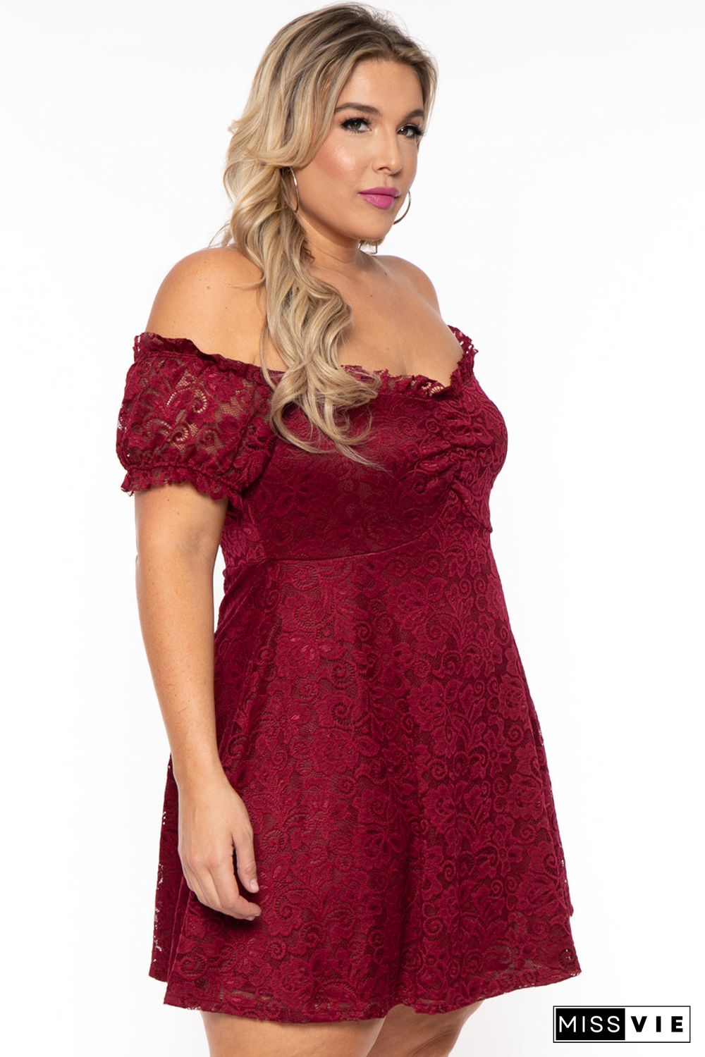 Red Lace Frill Bubble Sleeve Off Shoulder Plus Size Dress