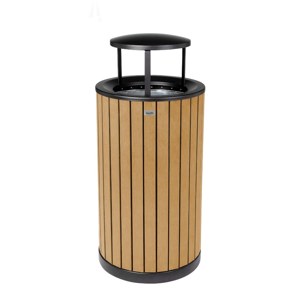 Alpine ALP4400-01-CD-RB Round 32-Gallon Outdoor Trash Can with Recycled Plastic Panels and Rain Bonnet Lid， Cedar