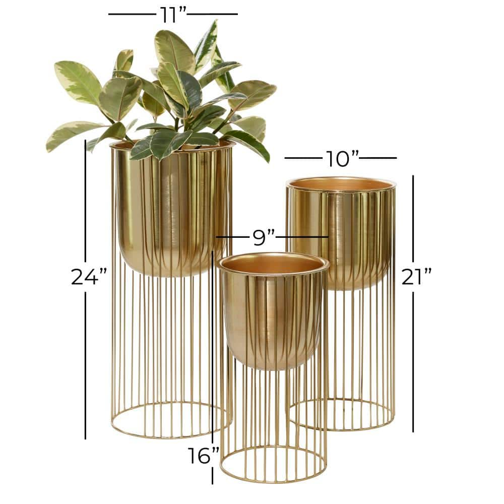 Litton Lane 24in. Large Gold Metal Deep Recessed Dome Planter with Elevated Caged Stand (3- Pack) 51982