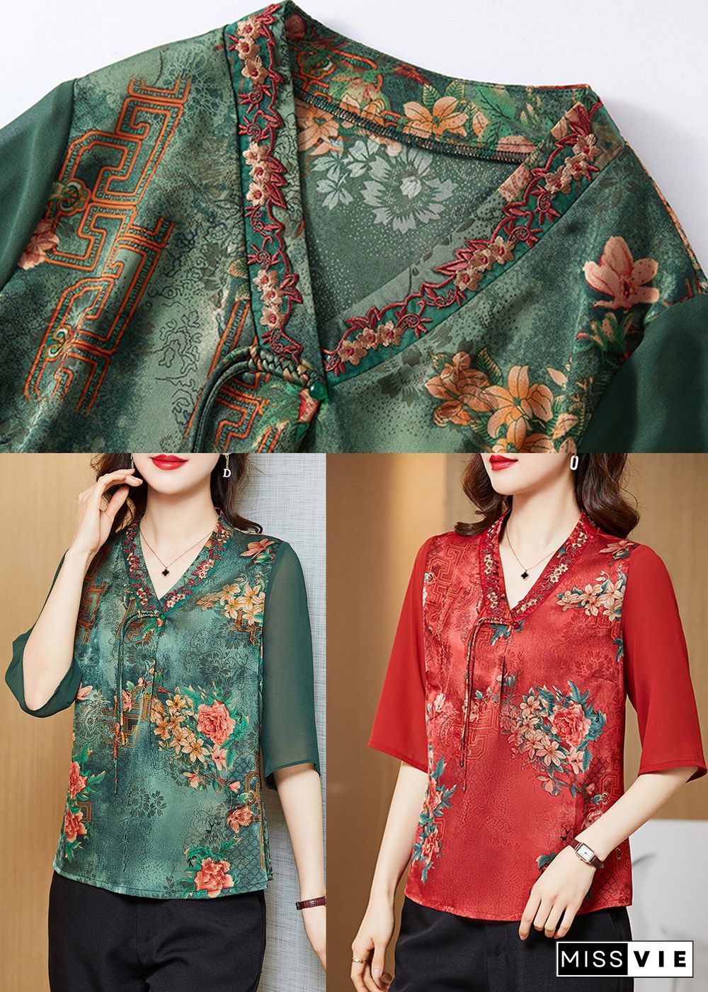 Vintage Red V Neck Embroideried Patchwork Silk Blouse Top Half Sleeve