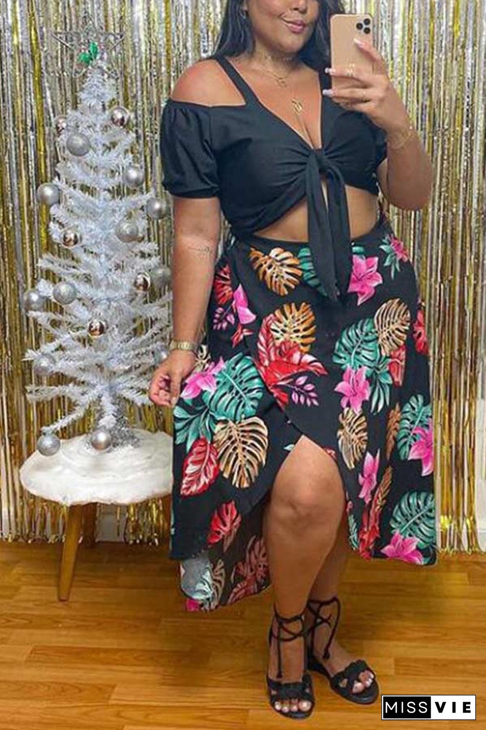 Sexy Summer Digital Printing Split Skirt Set