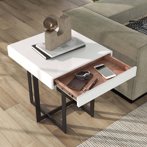 Square Mdf End Table With Drawer White Mibasics