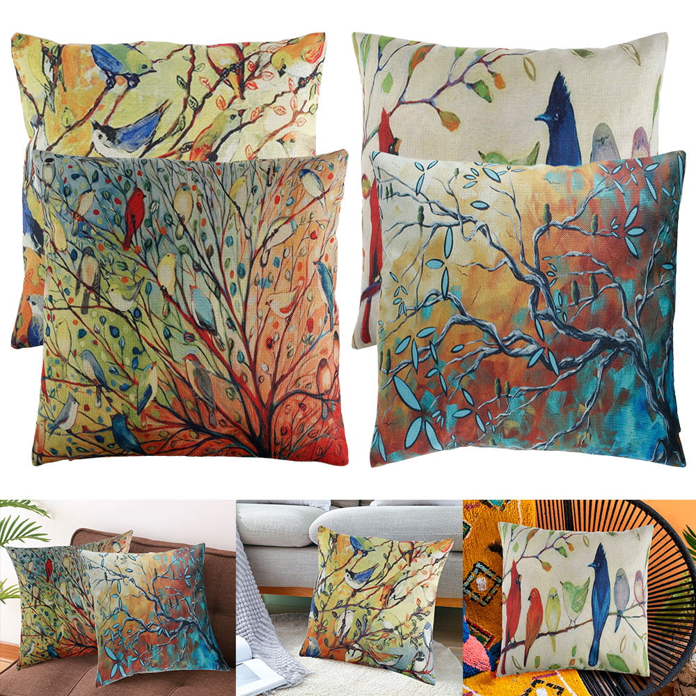 Fyeme 4 Pack Birds Throw Pillow Covers Spring Bird Paintings Pillow Case, Birds Stand on the Tree Branches Decorative Cushion Cases Home Decor for Couch Bed Sofa