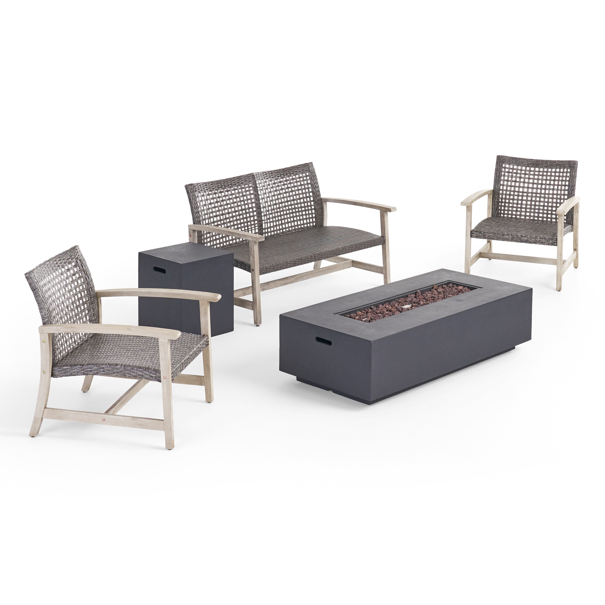 Tabby Outdoor 5 Piece Wood and Wicker Chat Set with Fire Pit