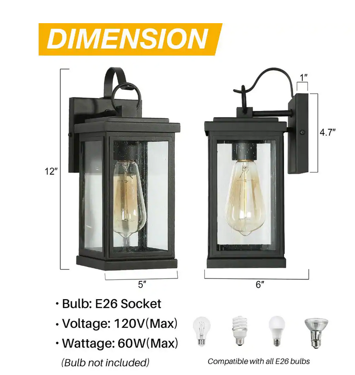 Modern Matte Black 1-Light Outdoor Wall Light Classic Porch Sconce with Seeded Glass Shade Patios Exterior Wall Lamp