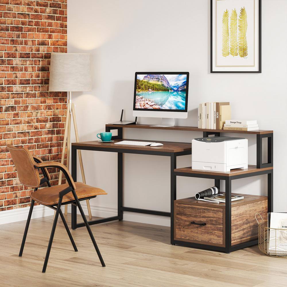 TRIBESIGNS WAY TO ORIGIN Matt 59 in. Rectangular Black Metal Brown Particle Board Wood 1 File Drawer Computer Desk with Monitor Stand and Shelf HD-C0157