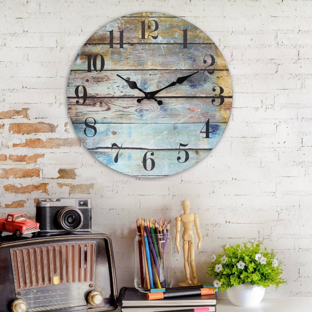 Round Rustic Wooden Wall Clock Blue Stonebriar Collection