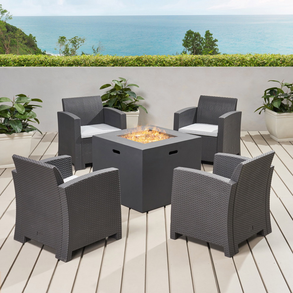 Pensacola Outdoor 4 Seater Wicker Print Chat Set With Propane Fire Pit   Tropical   Outdoor Lounge Sets   by GDFStudio  Houzz