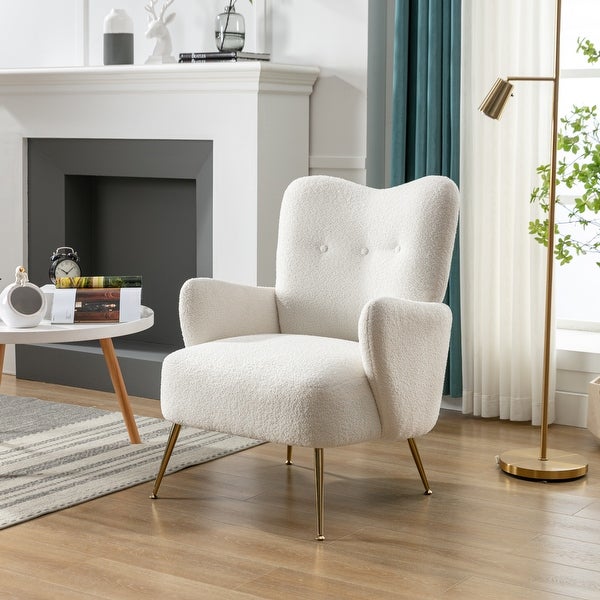 Contemporary Teddy Velvet Arm Chair， Comfortable Accent Chair with Golden Metal Legs and High Back for Living Room Bedroom