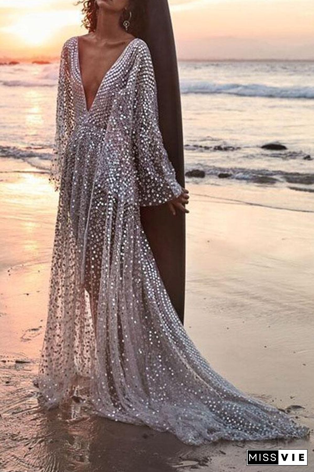 Sexy See-through Deep V-neck Long Sleeve Dress P14674