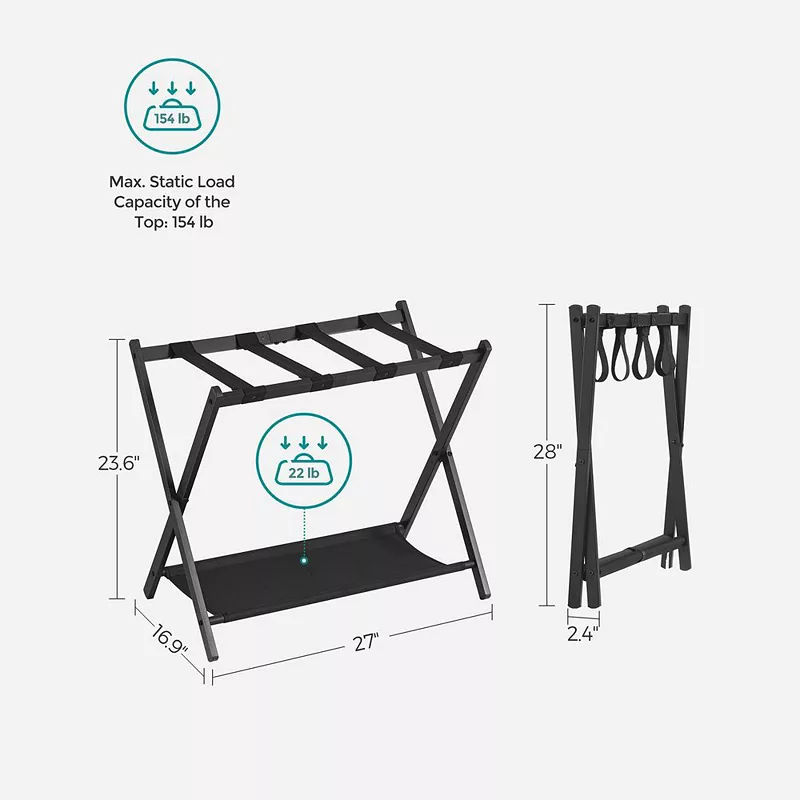 Luggage Rack For Guest Room， Suitcase Stand With Storage Shelf， Steel Frame， Foldable