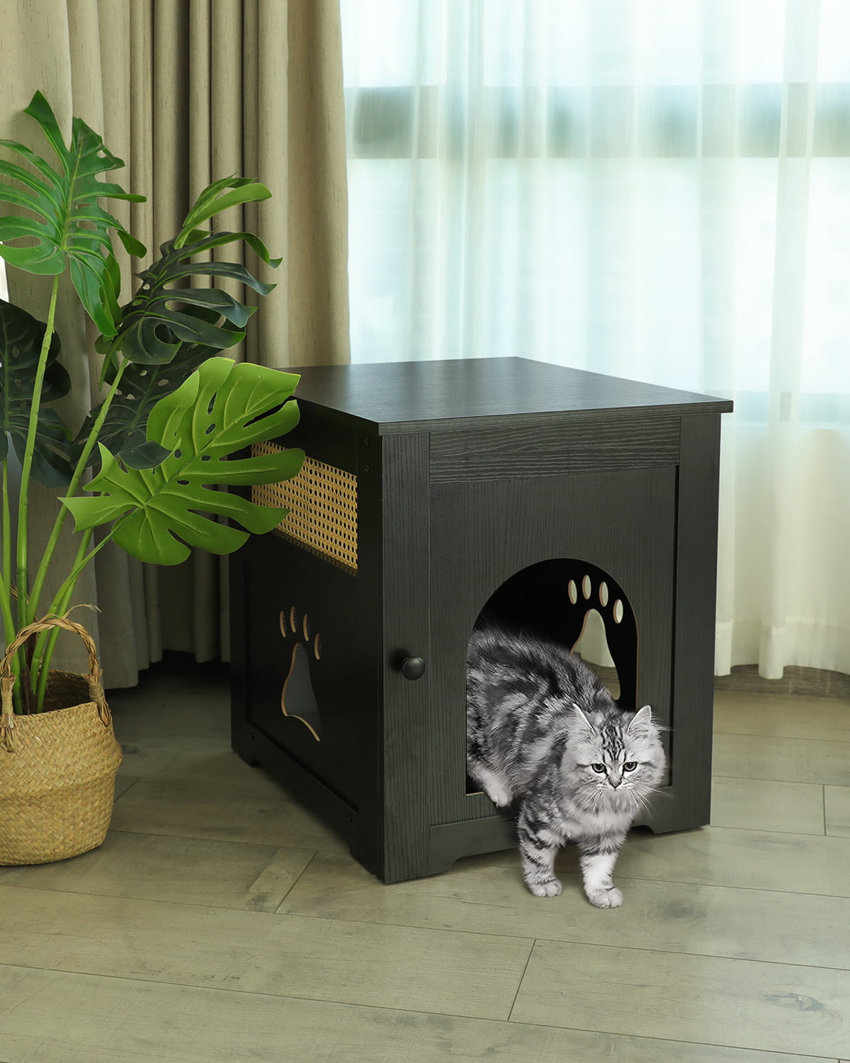 Cat Litter Box - Home Decorative Cat House and Side Table - Cat Home Nightstand - Indoor Pet Crate - Litter Box Enclosure - Hooded Hidden Pet Box - Cats Furniture Cabinet - Kitty Washroom - Black