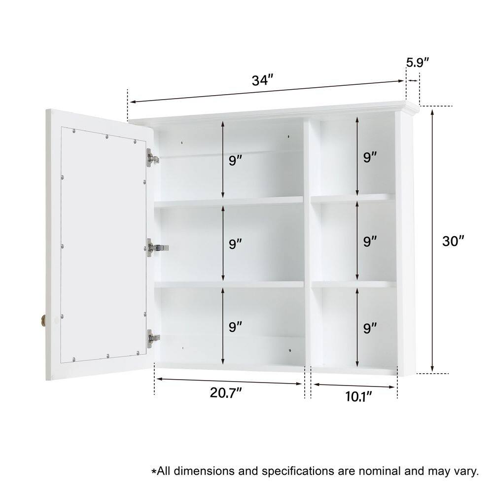 WELLFOR 34 in. W x 30 in. H Medium Rectangular White Wood Frame Surface Mount Medicine Cabinet with Mirror MED34YS1WT