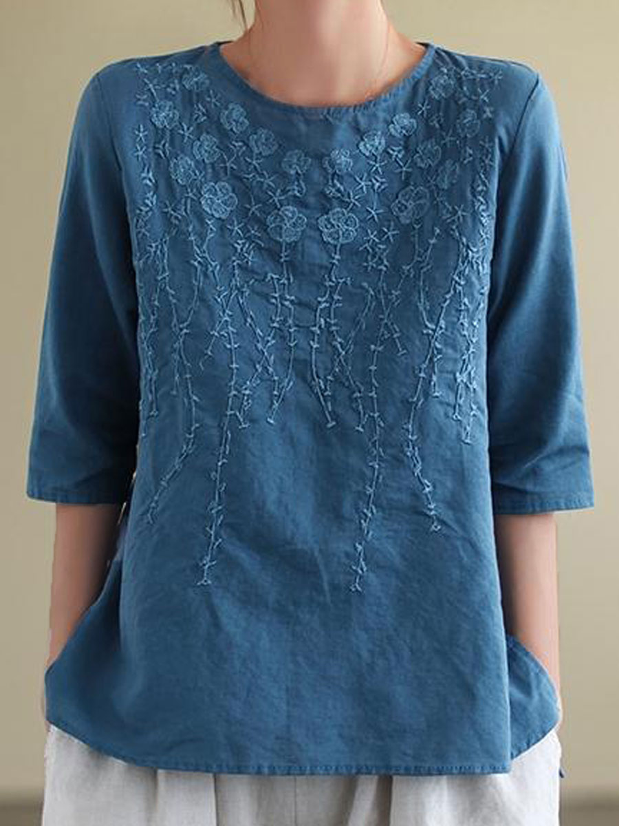 Round Neck Casual Loose Embroidered Short Sleeve Blouse