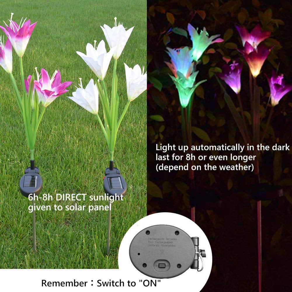 Outdoor Solar Garden Stake Lights - 2 Pack Solite Solar Powered Lights with 8 Lily Flower, Multi-color Changing LED Solar Stake Lights for Garden, Patio, Backyard (Purple and White)