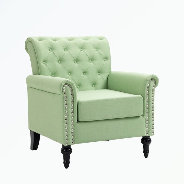 Linen Armchair with Tufted Back and Wood Legs