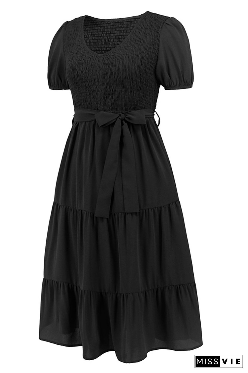 Plain V Neck Smocked Puff Tiered Midi Dress