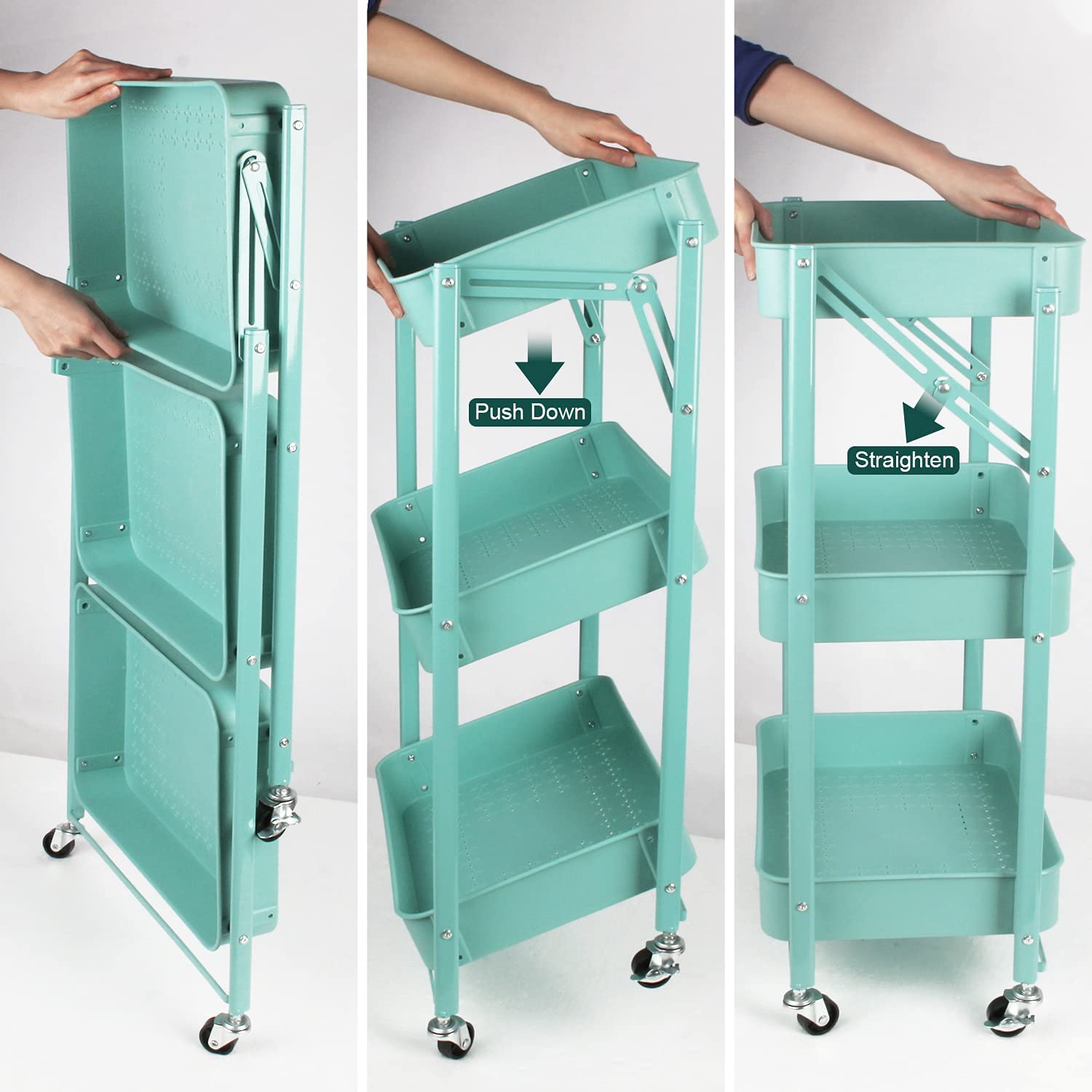 Todeco 3 Tier Foldable Plastic Rolling Storage Utility or Kitchen Cart，Folding Mobile Trolley Storage Organizer with Wheels for Office Bathroom Bedroom，Free Assembly，Green