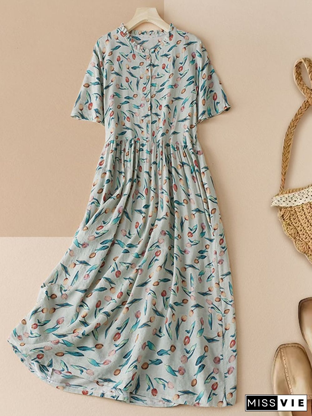 Cotton And Linen Printed Artistic Waistband Dress