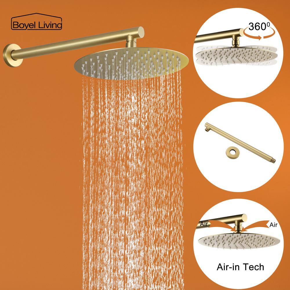 Boyel Living 5-Spray Patterns with 3.2 GPM 10 in. Wall Mount Dual Shower Heads with Rough-In Valve Body and Trim in Brushed Gold SMD-88040BG-10