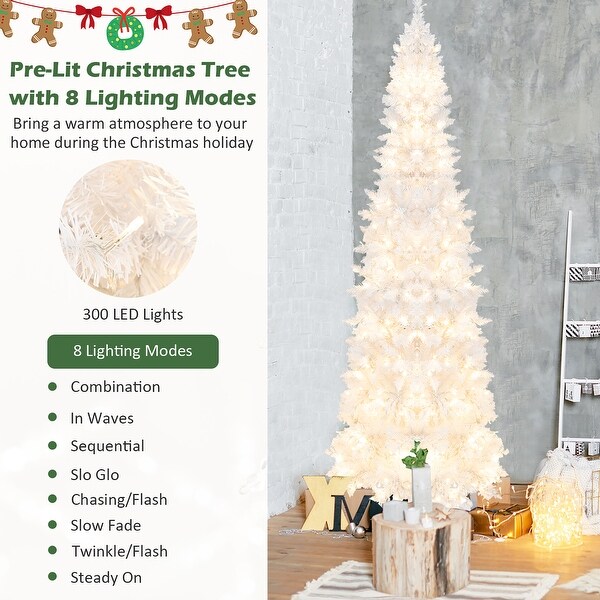 Costway 7FT PreLit Hinged Pencil Christmas Tree White w/ 300 LED