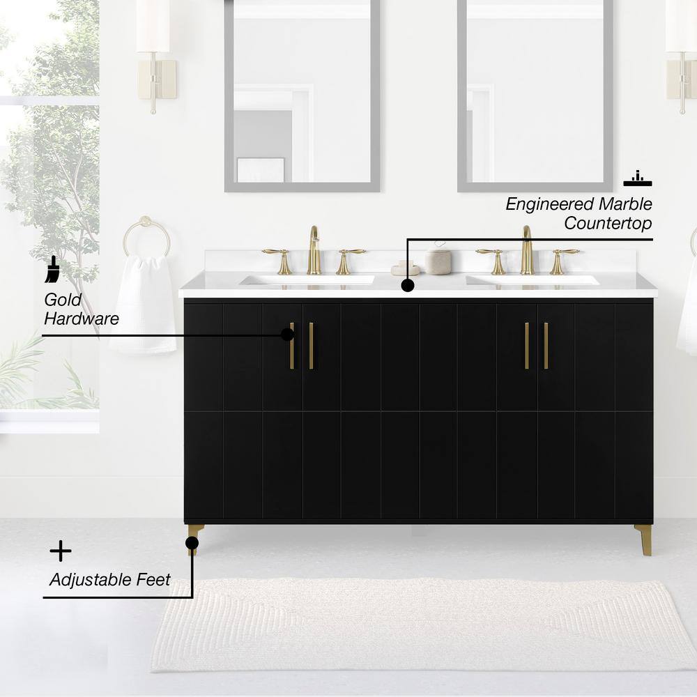 OVE Decors Zenia 60 in. W x 22 in. D x 34.5 in. H Bath Vanity in Black with White Engineered Marble Top 15VVA-FREY60-00