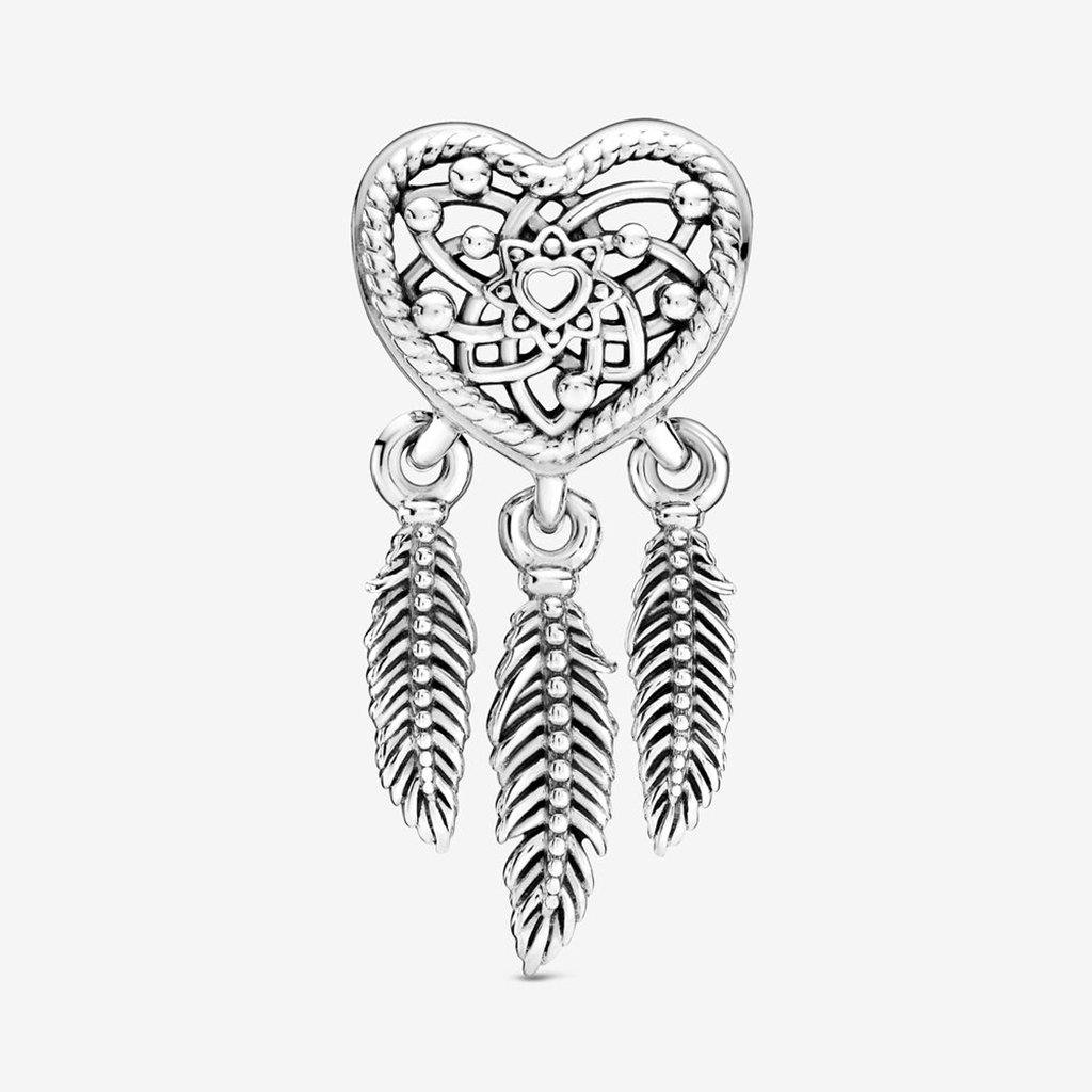 PANDORA  Openwork Heart & Three Feathers Dreamcatcher Charm