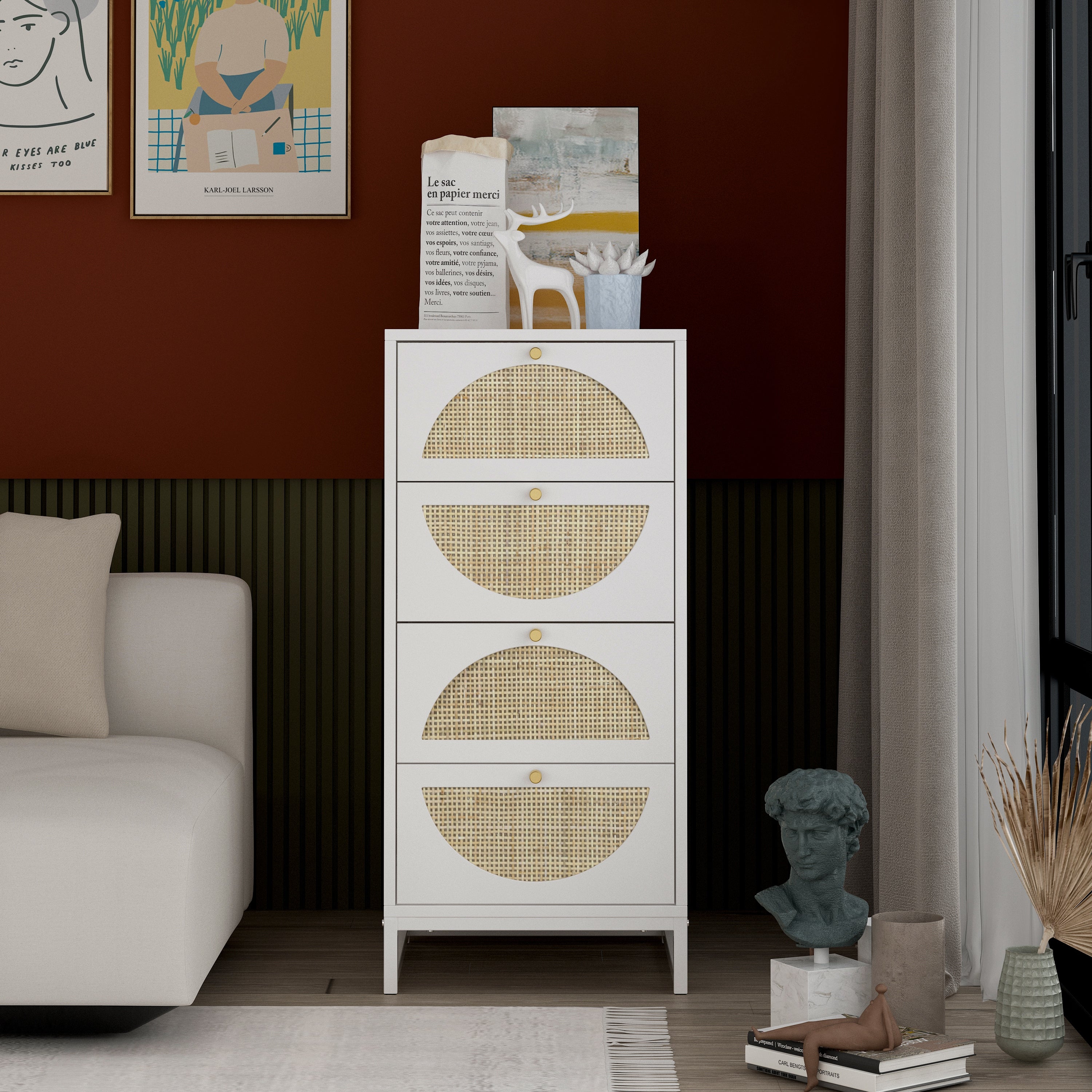 Natural rattan， 4 drawer cabinet， Suitable for living room， bedroom and study， Diversified storage