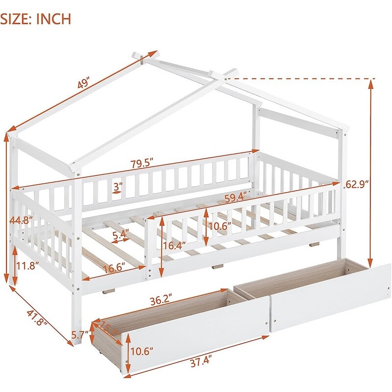 Twin House Bed with 2 Storage Drawers Rails and Roof for Kids