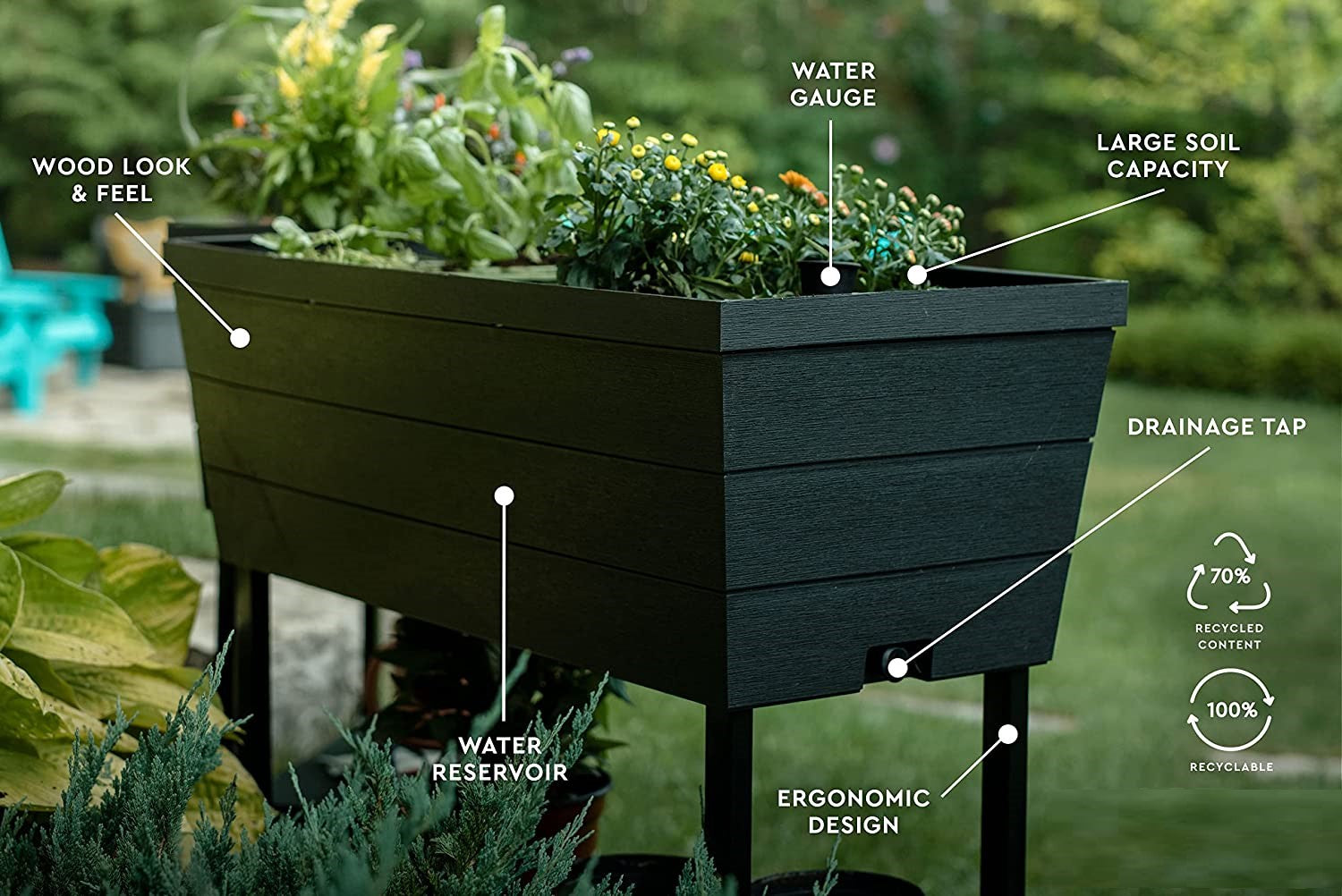 12.7 Gallon Raised Garden Bed with Self Watering Planter Box and Drainage Plug, Dark Grey