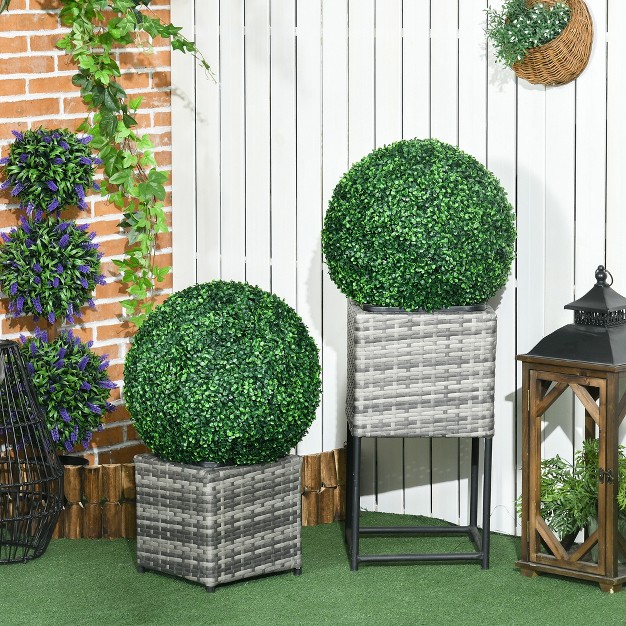 Homcom Artificial Boxwood Topiary Trees Balls Set Of 2 Potted Indoor Outdoor Fake Plants For Home Office Living Room Decor