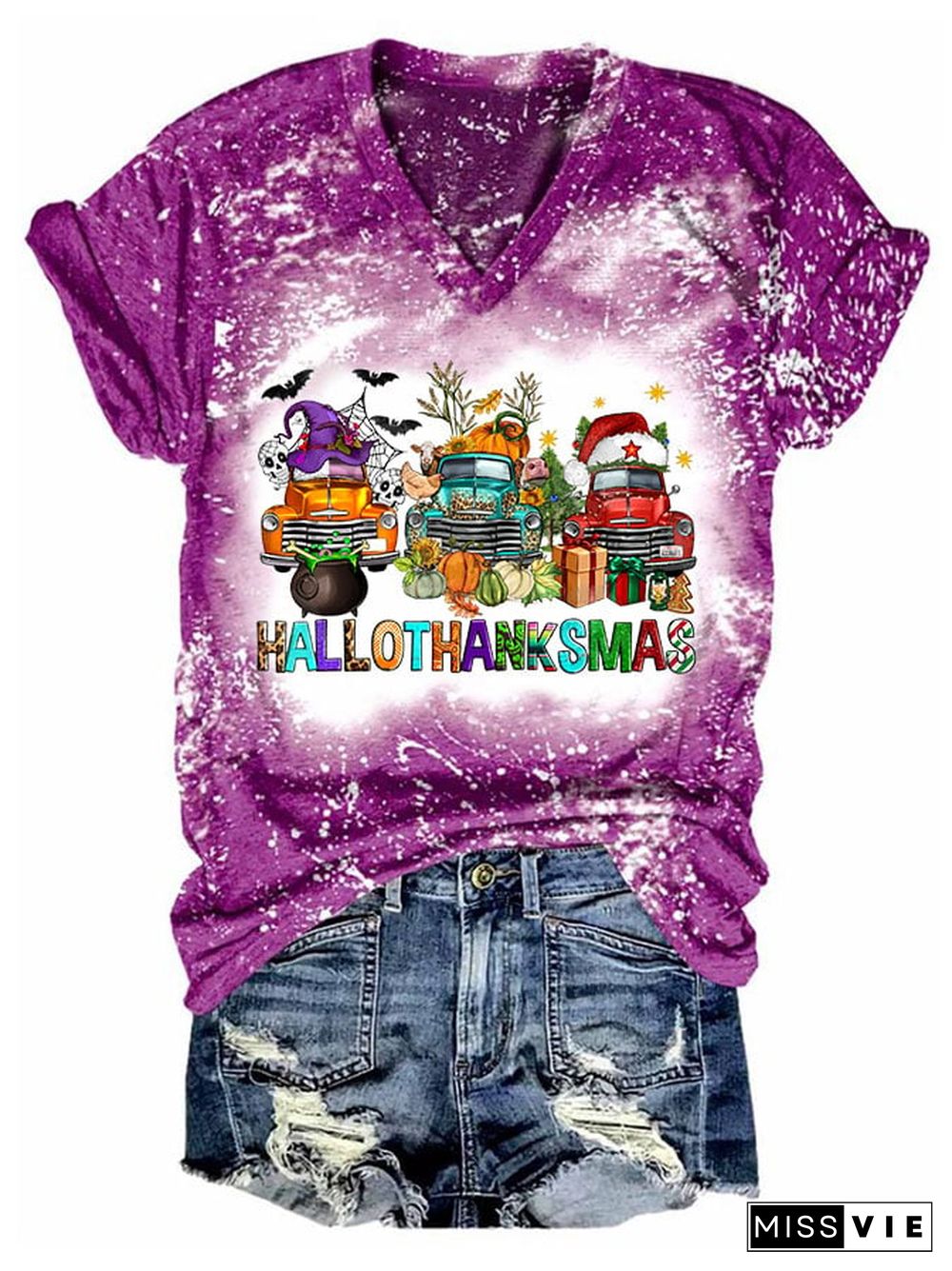 Women's Hallothanksmas Trucks Print V-Neck T-Shirt