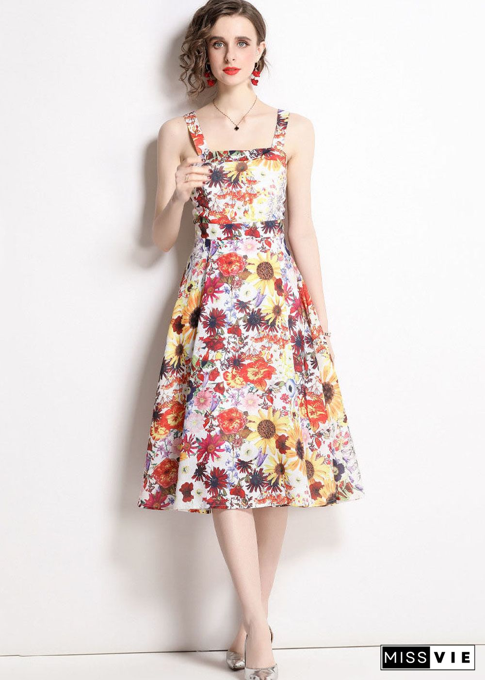 Art Floral Print Patchwork Chiffon Spaghetti Strap Dress Summer