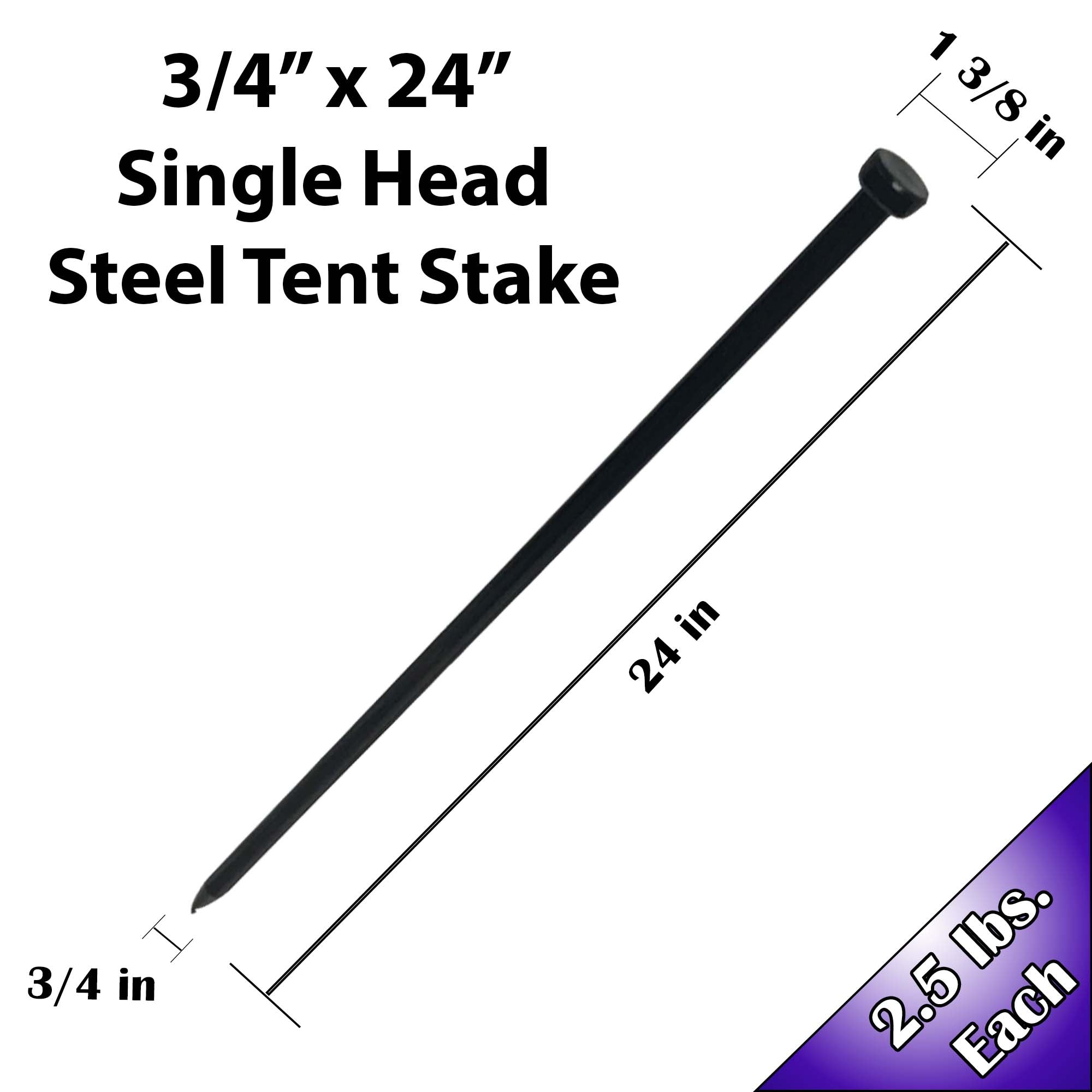 Moose Supply Heavy Duty Single Head Steel Tent Stakes, 4 Pack, 3/4" x 24"