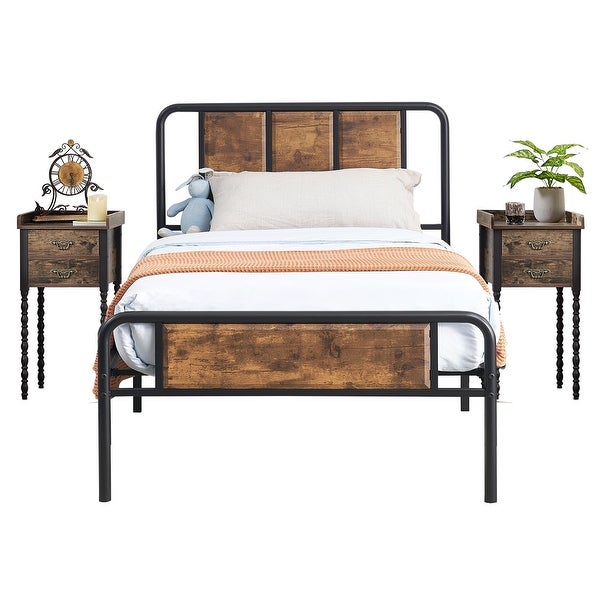 Taomika 3-pieces Industrial Bedroom Set Rustic Brown Bed Frame and Nightstands - - 35937072