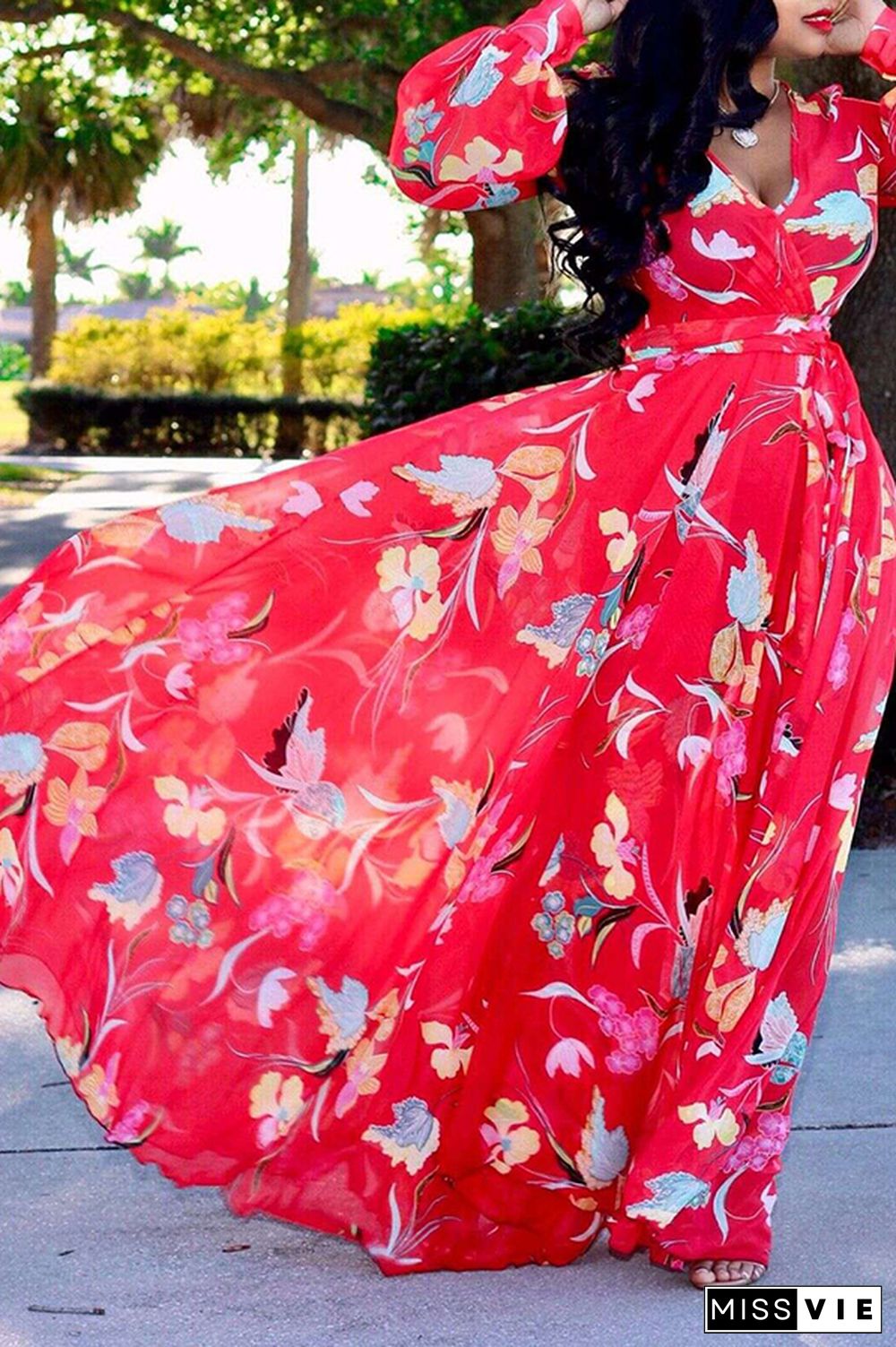 Red Bohemian Floral Printed Blending Floor Length Dress