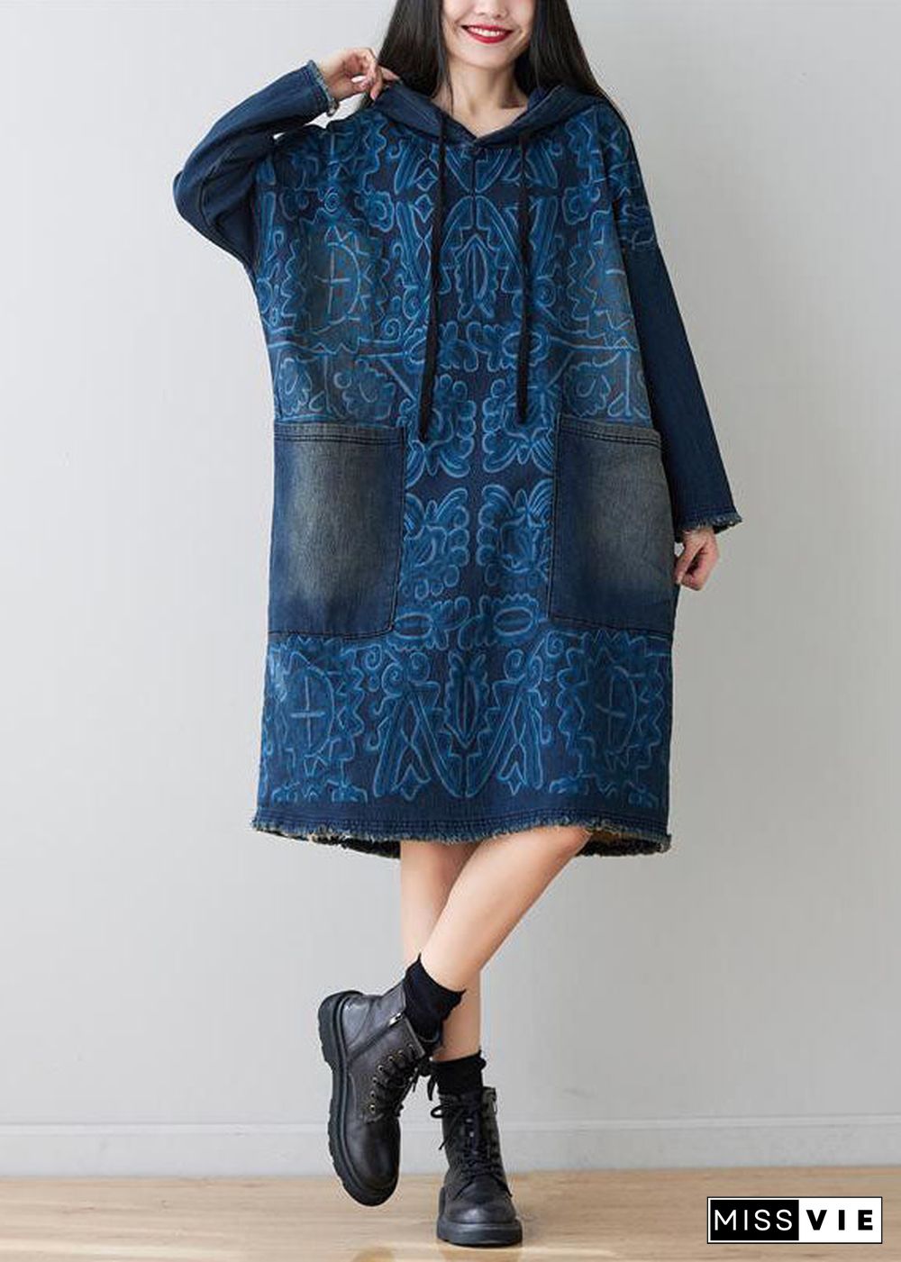 Navy Patchwork Pockets Print Denim Dress Hooded Spring