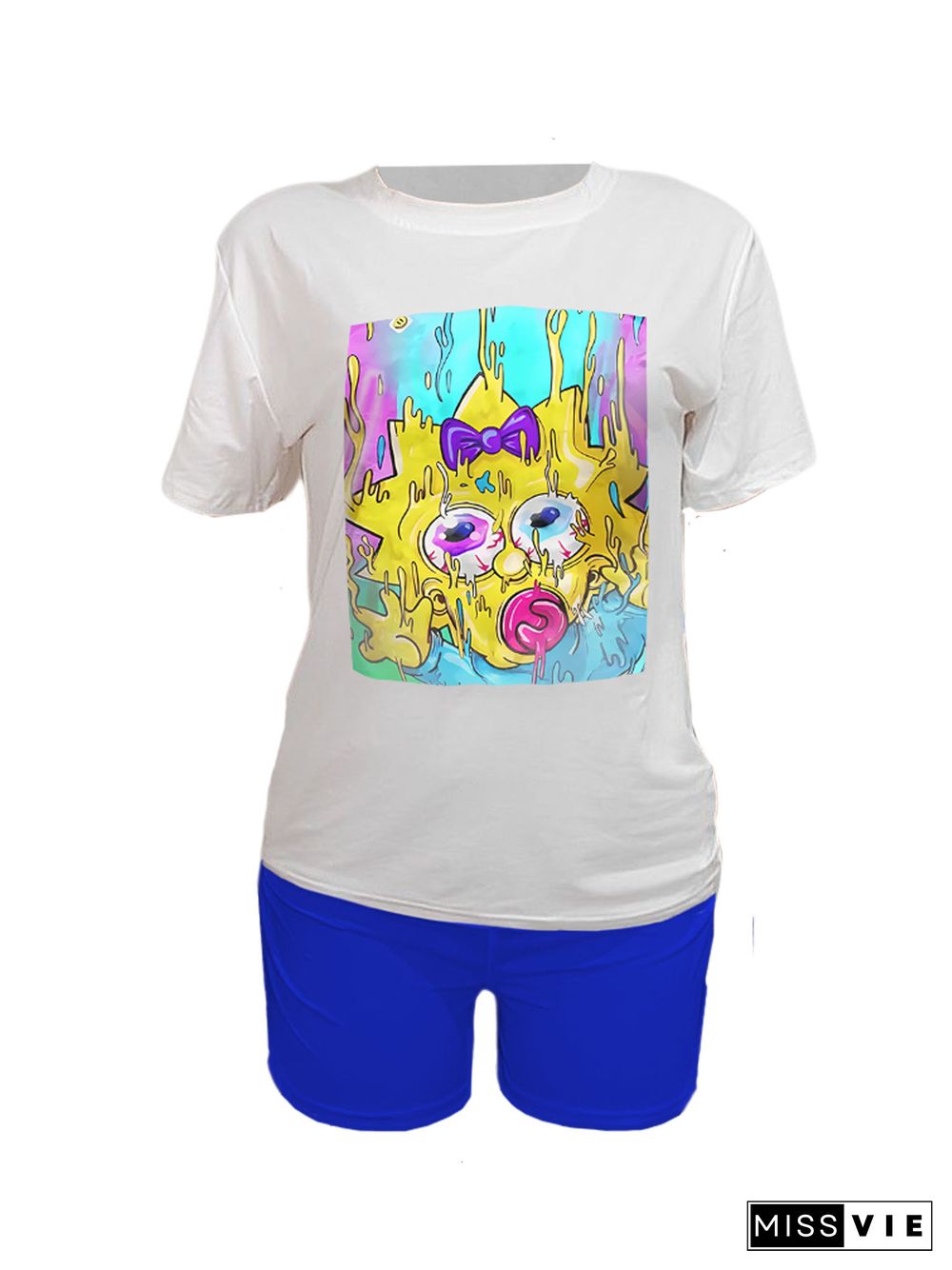 Cartoon Print Short Sleeve T Shirt Tops Shorts Suit