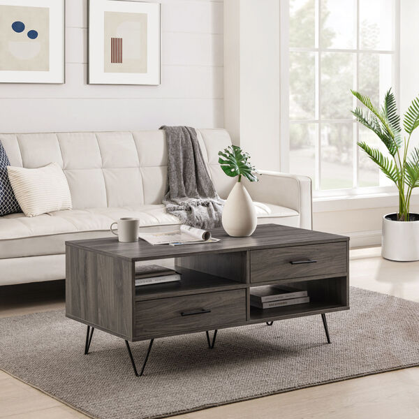 Croft Slate Gray Two-Drawer Coffee Table with Hairpin Legs