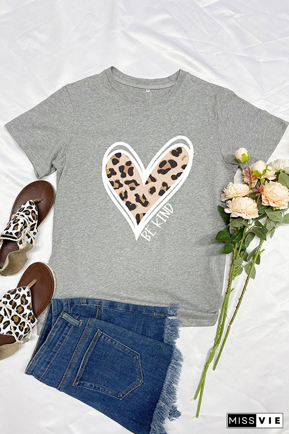 Be Kind Leopard Heart Short Sleeve Graphic Tee Wholesale