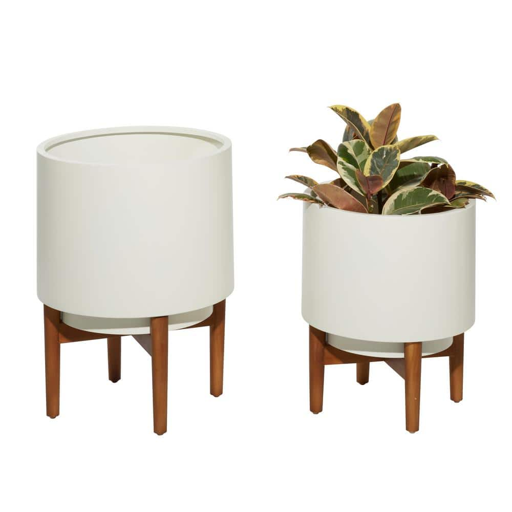 CosmoLiving by Cosmopolitan 20in. Large White Metal Indoor Outdoor Planter with Removable Wood Stand (2- Pack) 16596