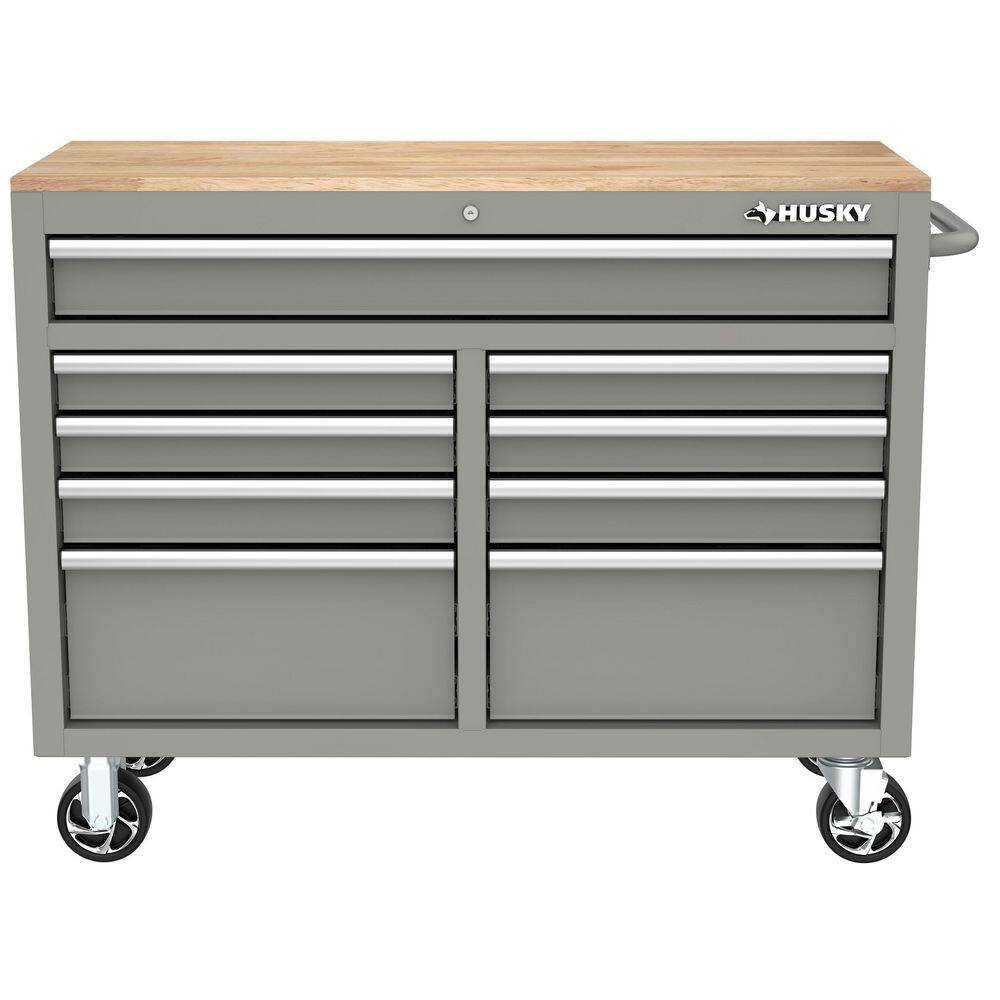 Husky 46 in. W x 18 in. D 9-Drawer Gloss Gray Mobile Workbench Cabinet with Solid Wood Top H46X18MWC9GRY