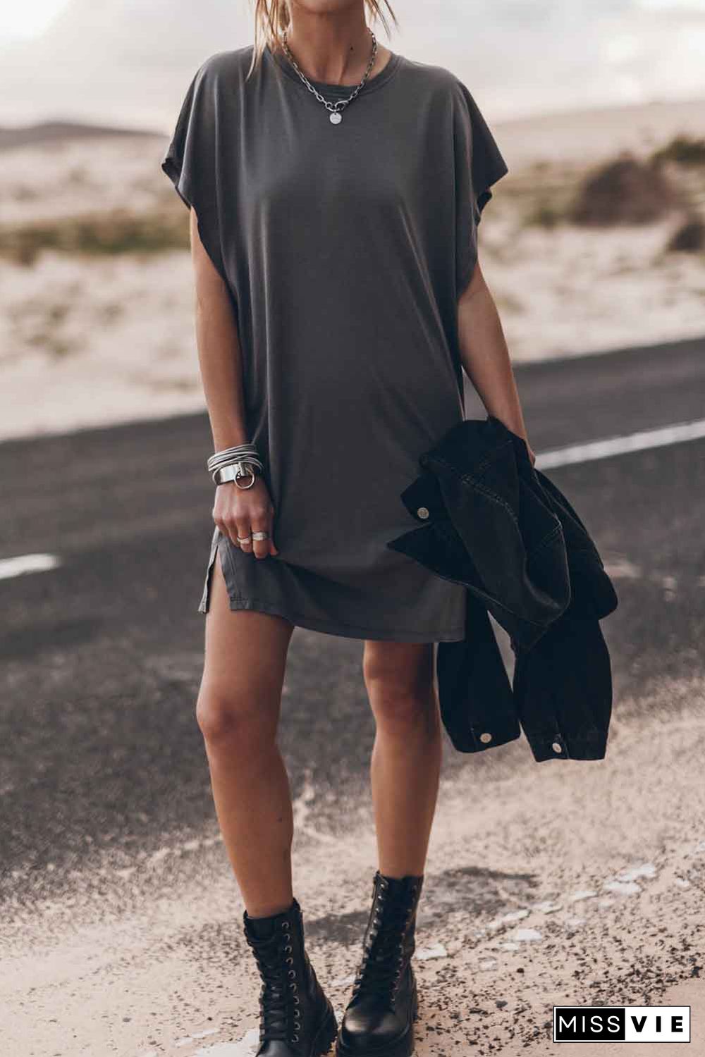 Gray Bat Sleeve T-shirt Dress with Slits