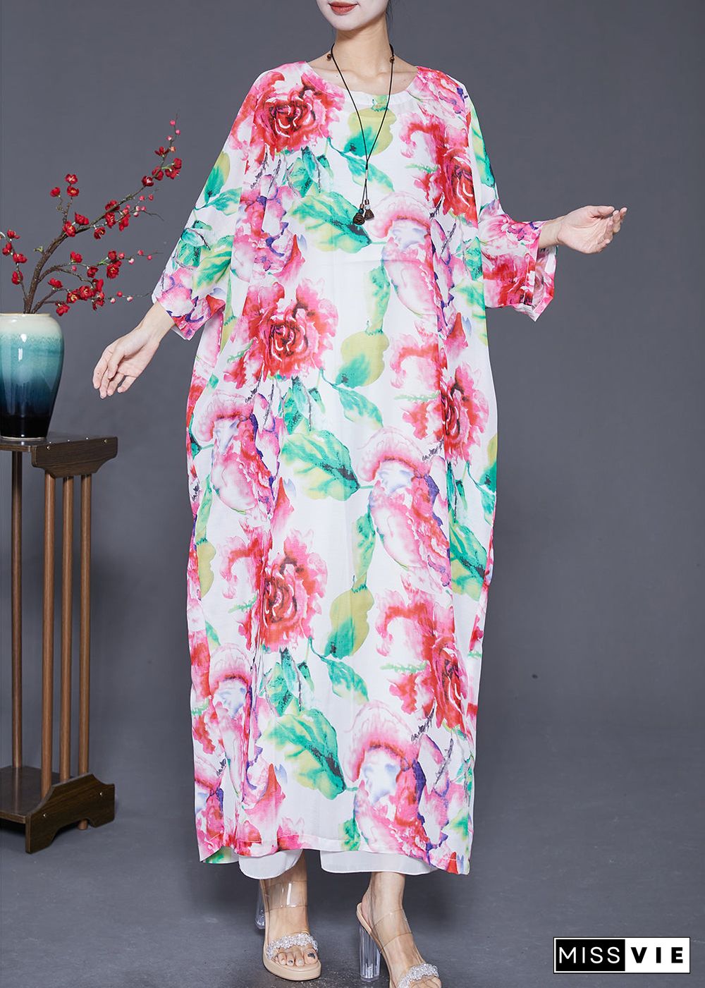 Plus Size Pink Oversized Floral Print Cotton Dress Batwing Sleeve