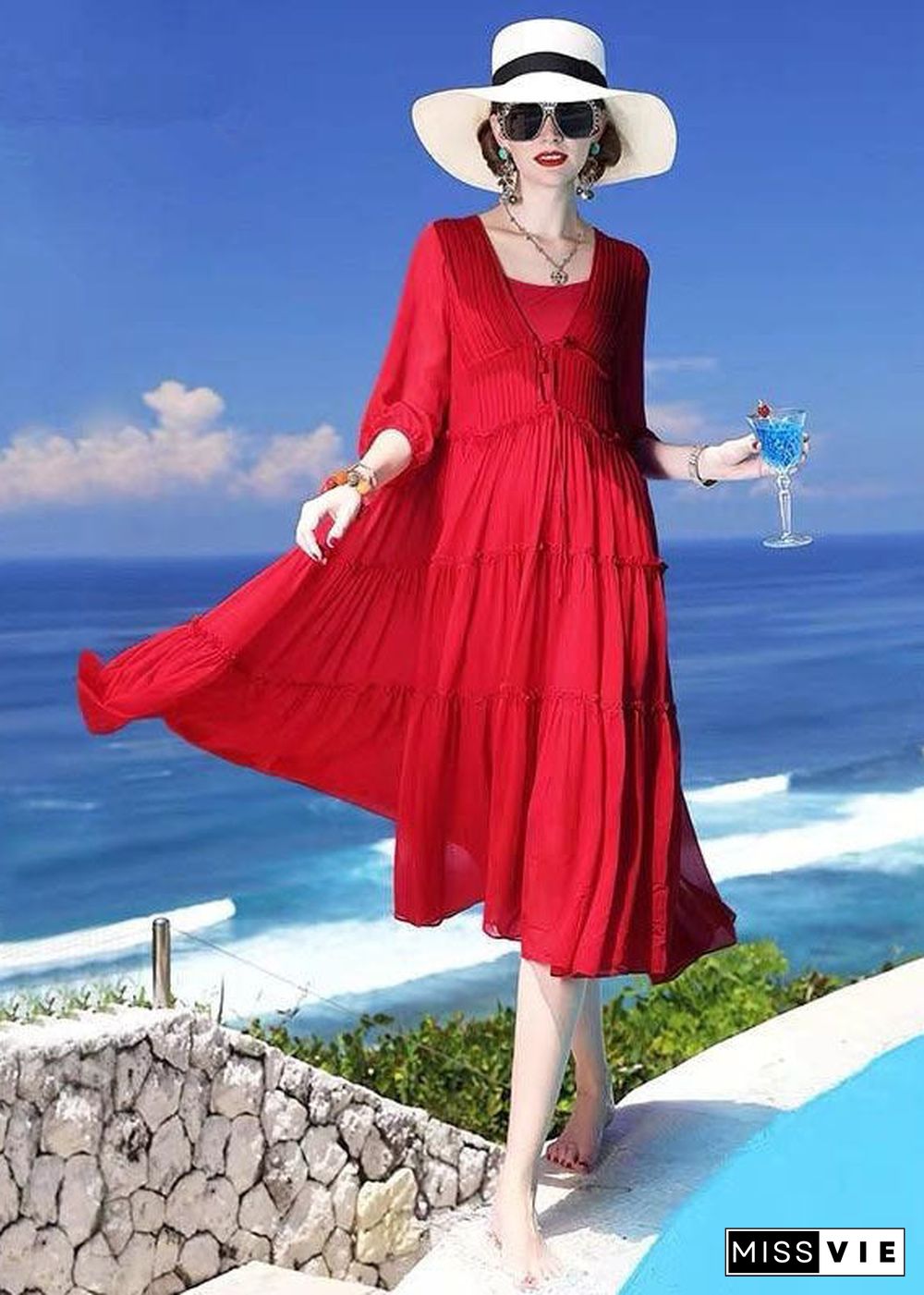 Chic Red Patchwork Silk Two Pieces Set Beach Holiday Dress Summer