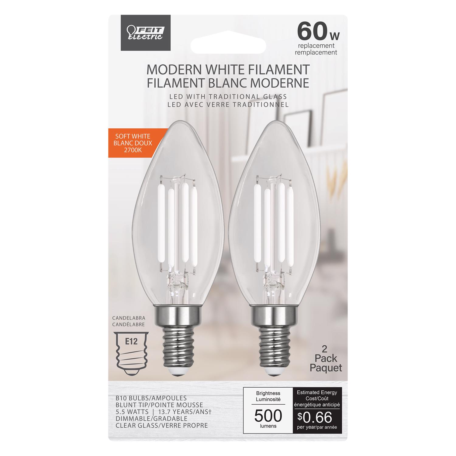 Feit White Filament BA10 E12 (Candelabra) Filament LED Bulb Soft White 60 Watt Equivalence 2 pk